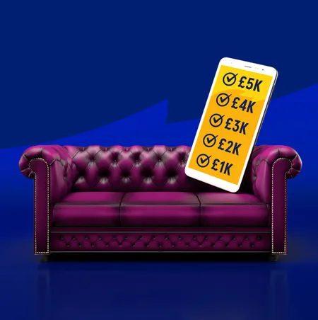 Smart phone adding figures 1K - 5K sat on a purple couch