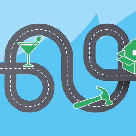 winding road with green icons for home, car, diy