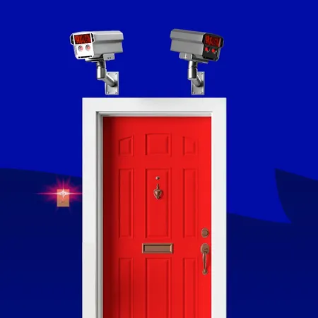 Red door on blue background, with 2 cameras on top