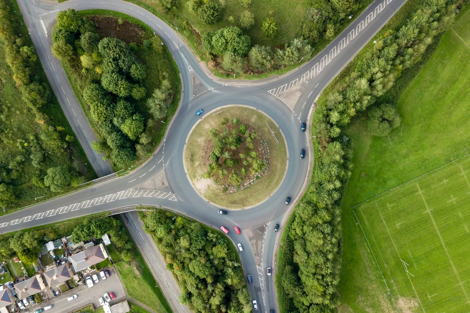 aerial view of roundabout by fields
