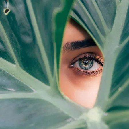 Womans eye looking through gap within a leaf