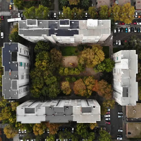 birds eye view of a hospital building