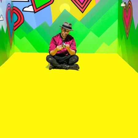 man on device in a graphical background sat down