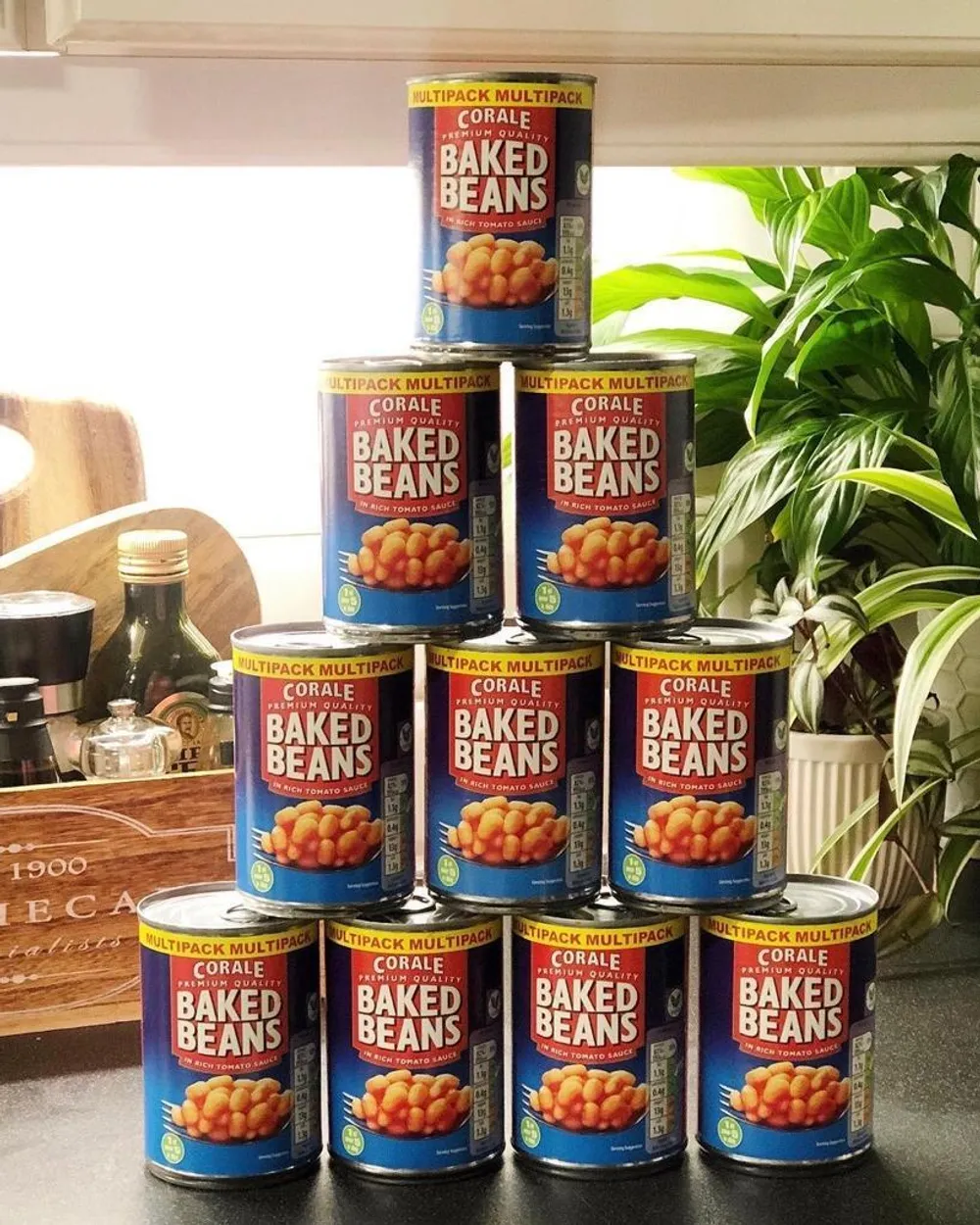 A pyramid of cans of baked beans